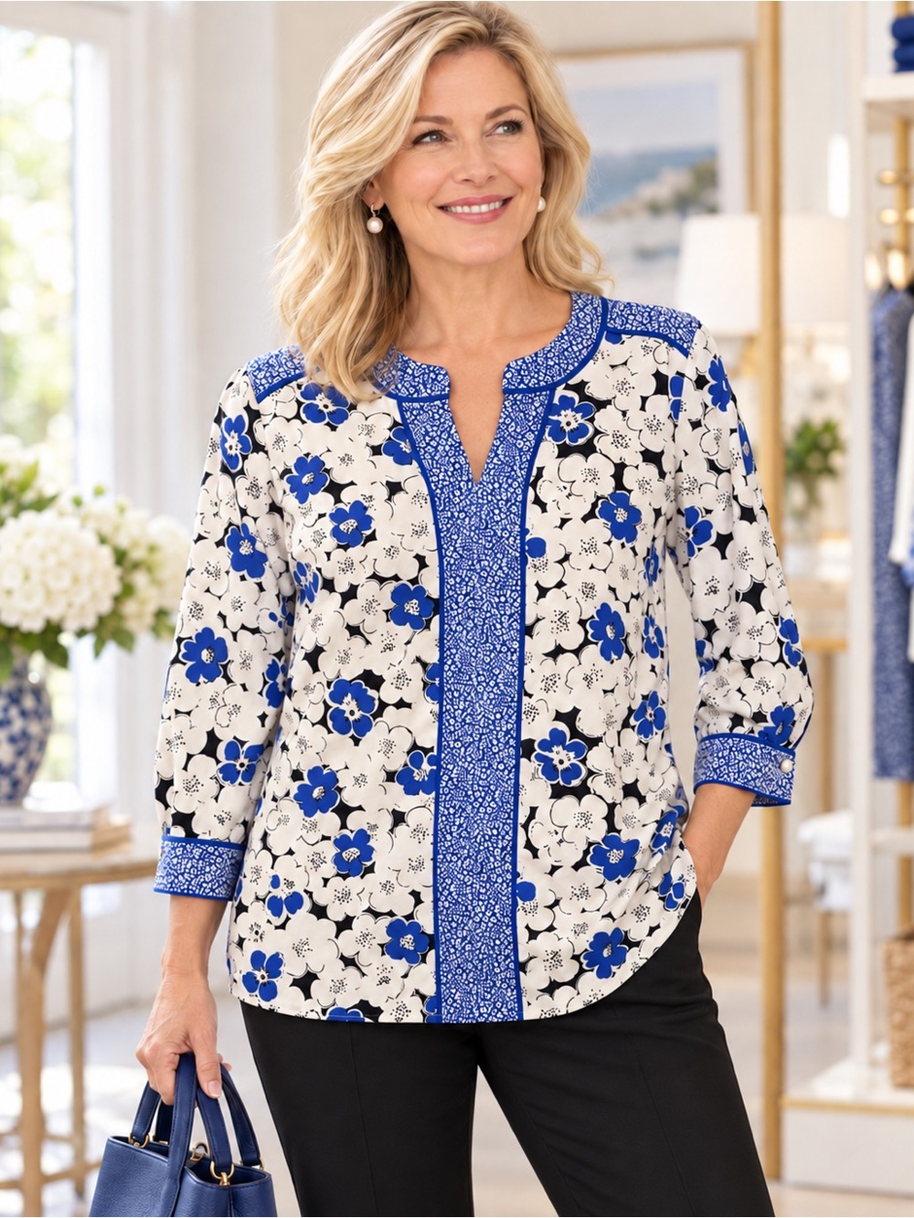 Talbots Blue White Floral Split Neck 3/4 Sleeve Blouse Medium